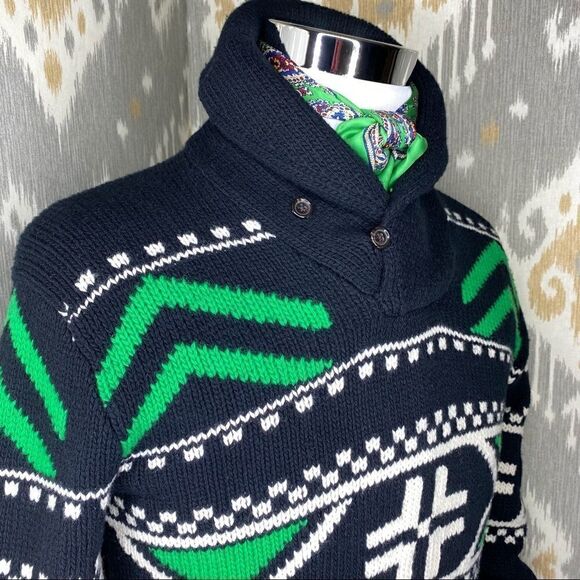 Polo Ralph Lauren Merino Wool Black & Green Multi Geometric Shawl Collar Sweater - Picture 11 of 16